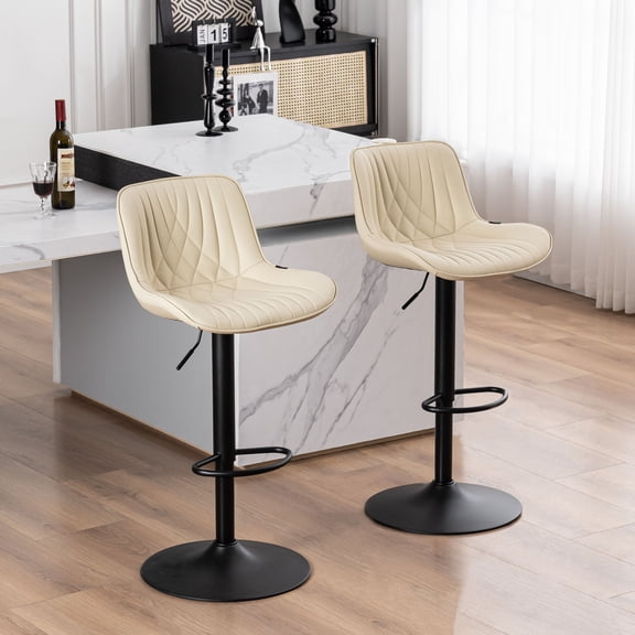 YOUNIKE Swivel Bar Stools Set of 2 Adjustable Leather Counter Barstool, Beige