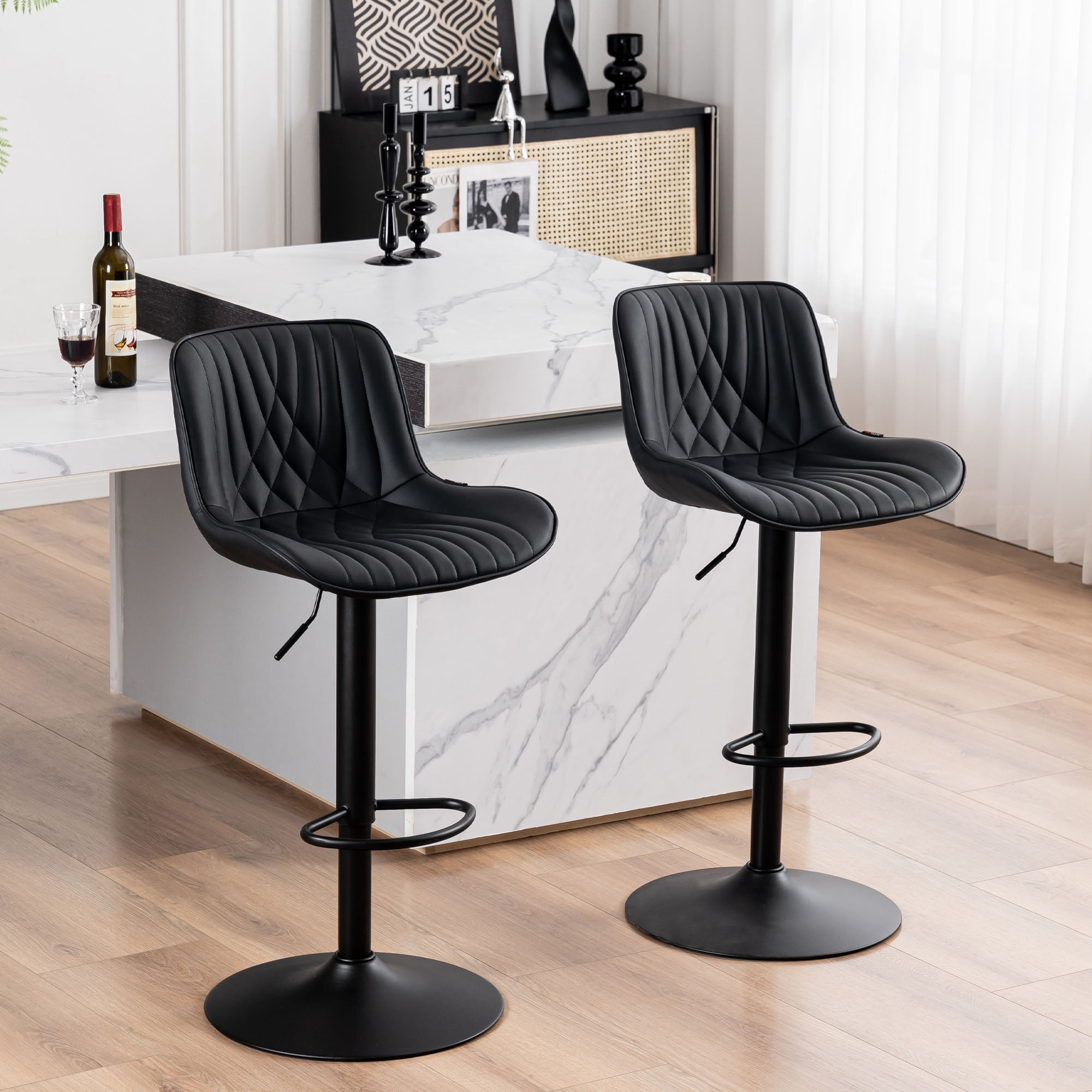 Black Faux Leather Adjustable Swivel Bar Stools Set of 2