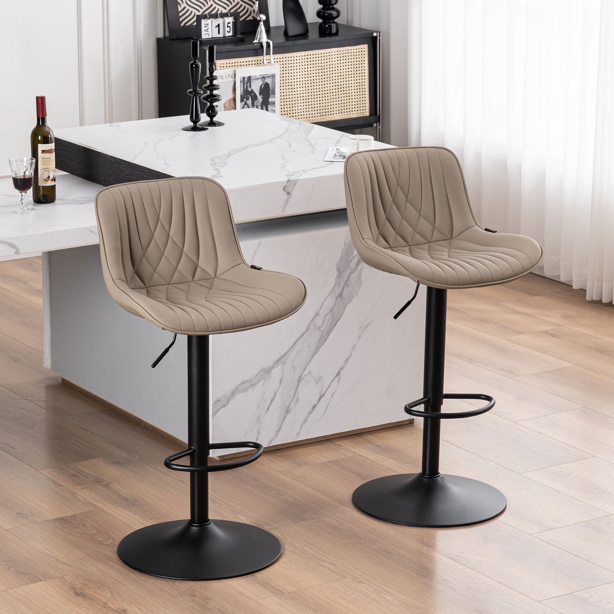Khaki Faux Leather Adjustable Swivel Bar Stools with Black Metal Base