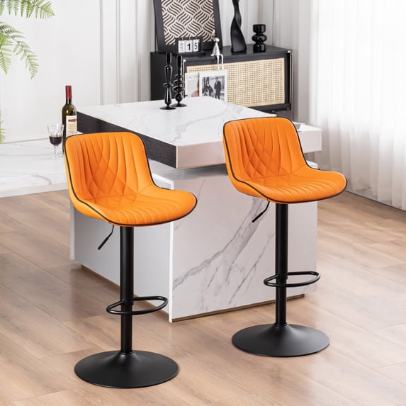 YOUNIKE Swivel Bar Stools Set of 2 Adjustable Leather Counter Barstool, Orange