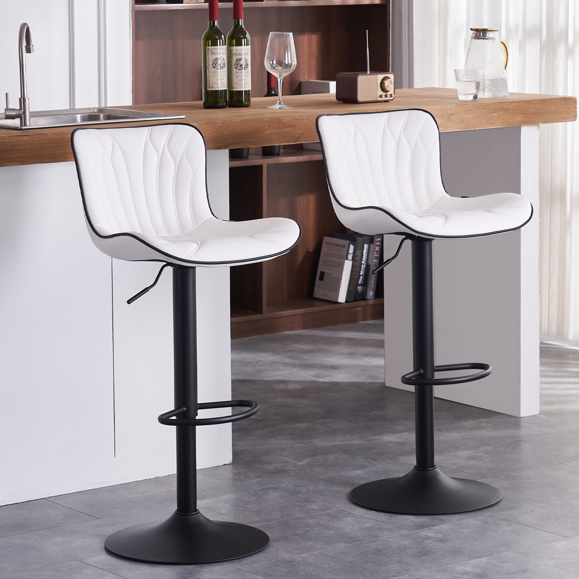 Set Of 2 Adjustable Swivel Bar Stools – Modern Leather-Look, Counter Height, 24.5”-32.5”