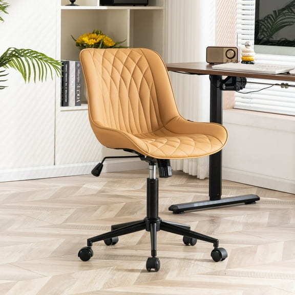 YOUNIKE Upholstered Desk Chair, Armless Computer Chair with Wheels，Modern Faux Leather Office Chair，Adjustable Swivel Rolling Chair，Adjustable Height，Suitable for Office, Home, Tan