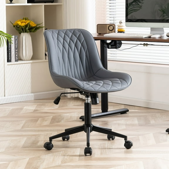 YOUNIKE Upholstered Desk Chair, Armless Computer Chair with Wheels，Modern Faux Leather Office Chair，Adjustable Swivel Rolling Chair，Adjustable Height，Suitable for Office, Home, Gray Purple