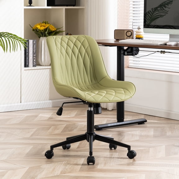 YOUNIKE Upholstered Desk Chair, Armless Computer Chair with Wheels，Modern Faux Leather Office Chair，Adjustable Swivel Rolling Chair，Adjustable Height，Suitable for Office, Home, Avocado Green