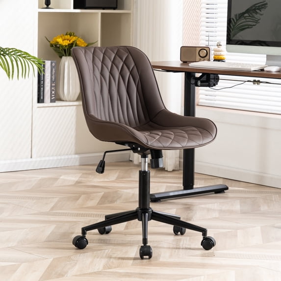 YOUNIKE Upholstered Desk Chair, Armless Computer Chair with Wheels,Modern Faux Leather Office Chair,Adjustable Swivel Rolling Chair,Adjustable Height,Suitable for Office, Home, Brown
