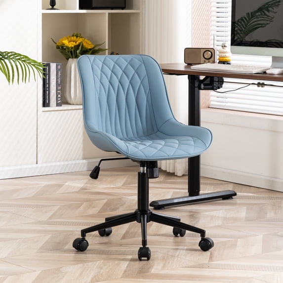 YOUNIKE Upholstered Desk Chair, Armless Computer Chair with Wheels,Modern Faux Leather Office Chair,Adjustable Swivel Rolling Chair,Adjustable Height,Suitable for Office, Home, Blue