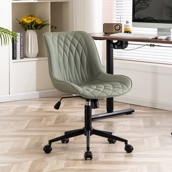 YOUNIKE Upholstered Desk Chair, Armless Computer Chair with Wheels,Modern Faux Leather Office Chair,Adjustable Swivel Rolling Chair,Adjustable Height,Suitable for Office, Home, Olive Green
