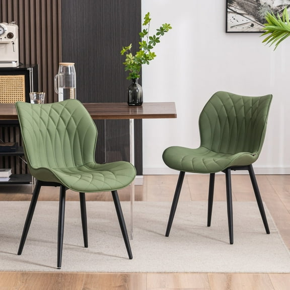 YOUNIKE Upholstered Dining Chairs Set of 2, Faux Leather Kitchen Chairs, Modern Side Chairs, Wide Curved Back, Metal Legs, Bean Green