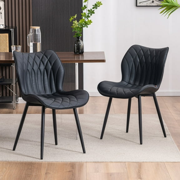 YOUNIKE Upholstered Dining Chairs Set of 2, Faux Leather Kitchen Chairs, Modern Side Chairs, Wide Curved Back, Metal Legs, Black