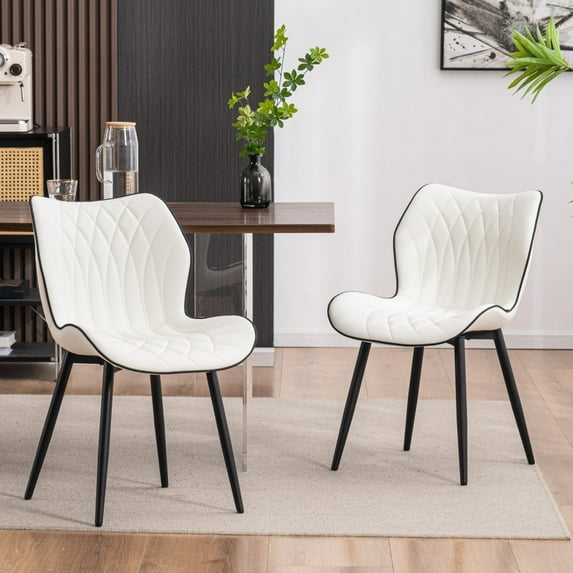 YOUNIKE Upholstered Dining Chairs Set of 2, Faux Leather Kitchen Chairs, Modern Side Chairs, Wide Curved Back, Metal Legs, White