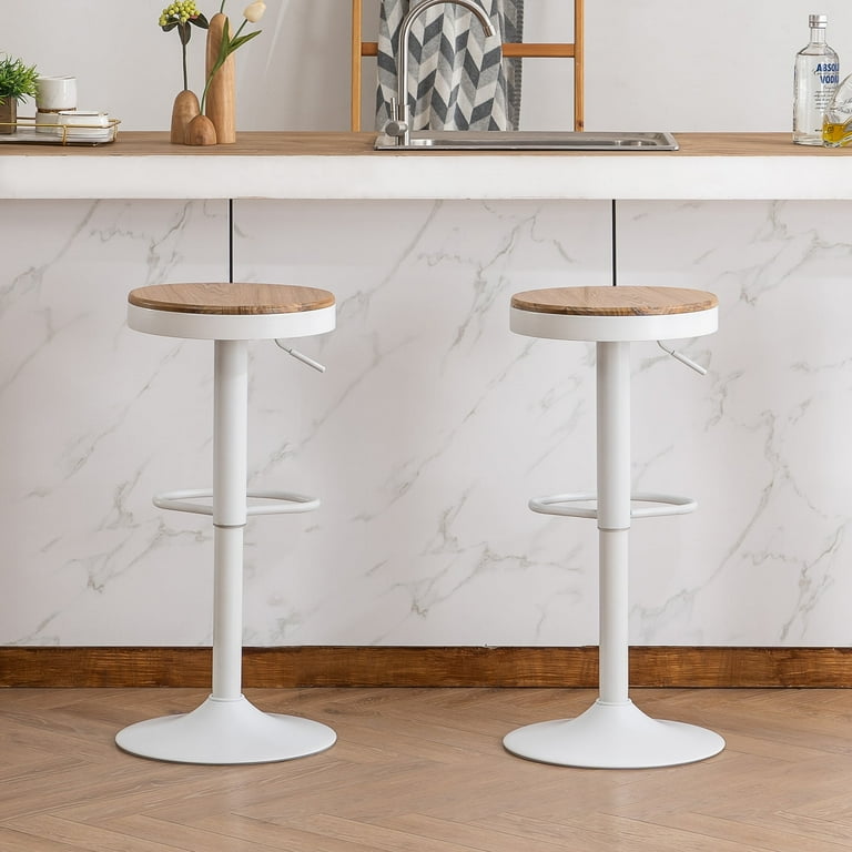 YOUNIKE Wood Bar Stools Set of 2 Round Counter Stool Heigh Adjustable White Stools with Footrest
