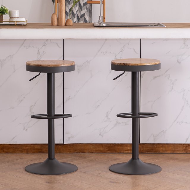 YOUNIKE Wood Bar Stools Set of 2 Round Heigh Adjustable Gray Counter