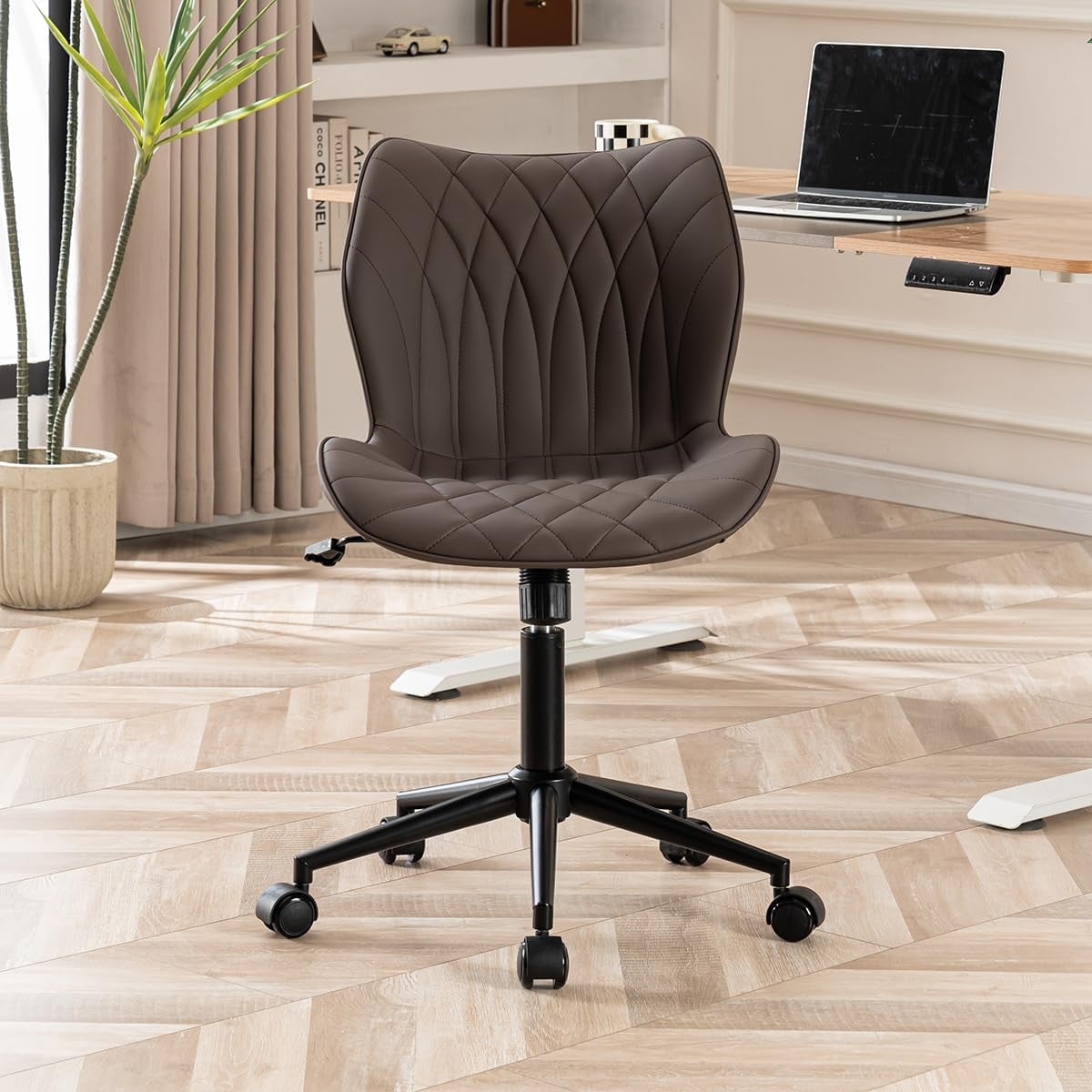 YOUNUOKE Armless Desk Chair  Office Chair with Wheels Home Ergonomic Task Chair Adjustable Computer Chairs Modern Faux Leather Swivel Chair Upholstered Makeup Vanity Chair with Back(Brown)
