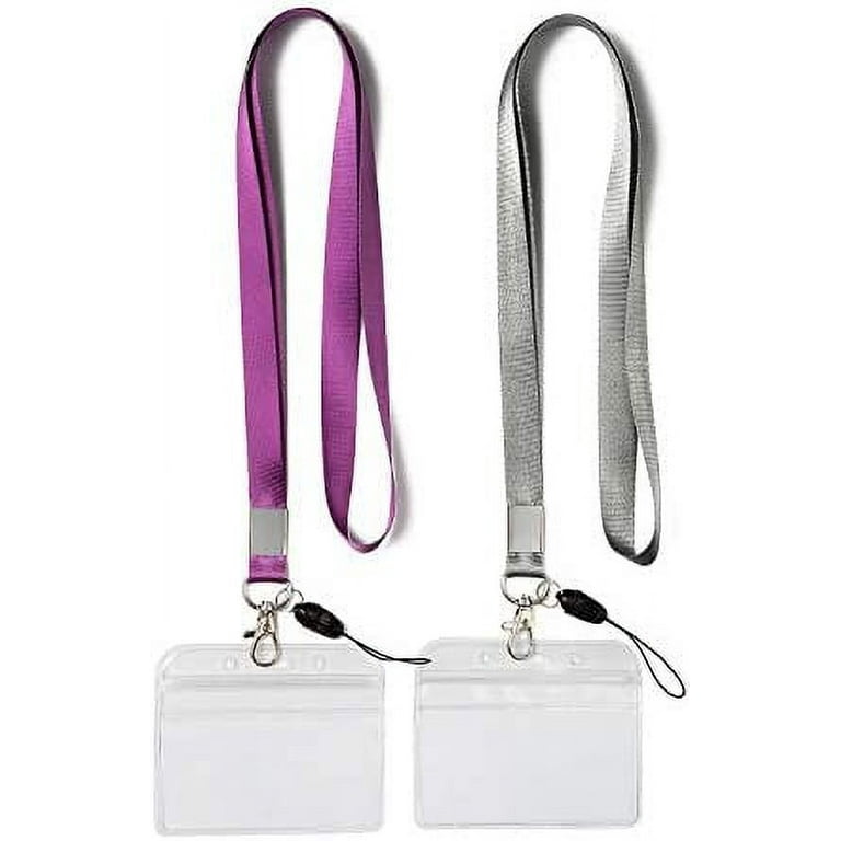 YOUOWO 2 Pack ID Badge Holders with Purple Lanyards Office Neck Strings  Strap Grey Lanyard with Horizontal Heavy Duty id Holder PVC Name Tag Card  Holder Waterproof Resealable Clear Plastic 