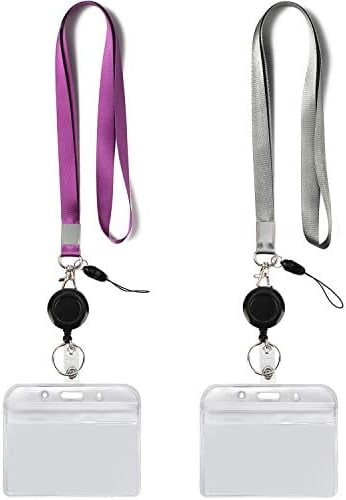 YOUOWO 2 Pack Lanyard with ID Badge Holders Horizontal and Retractable Badge Reel,Purple Grey Office Neck Lanyards with id Card Holder Punched Zipper Waterproof Resealable
