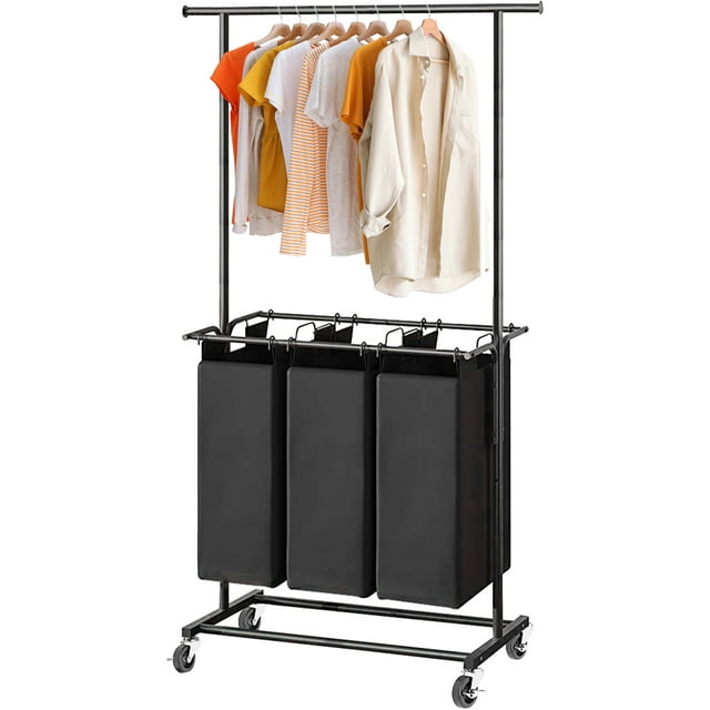 YOUPINS 3-Bag Laundry Sorter Cart with Coat Rack & Rolling Wheels - Removable Bags for Easy Clothes Storage, Laundry Organizer Basket & Clothes Hamper, Space-Saving & Efficient, Black
