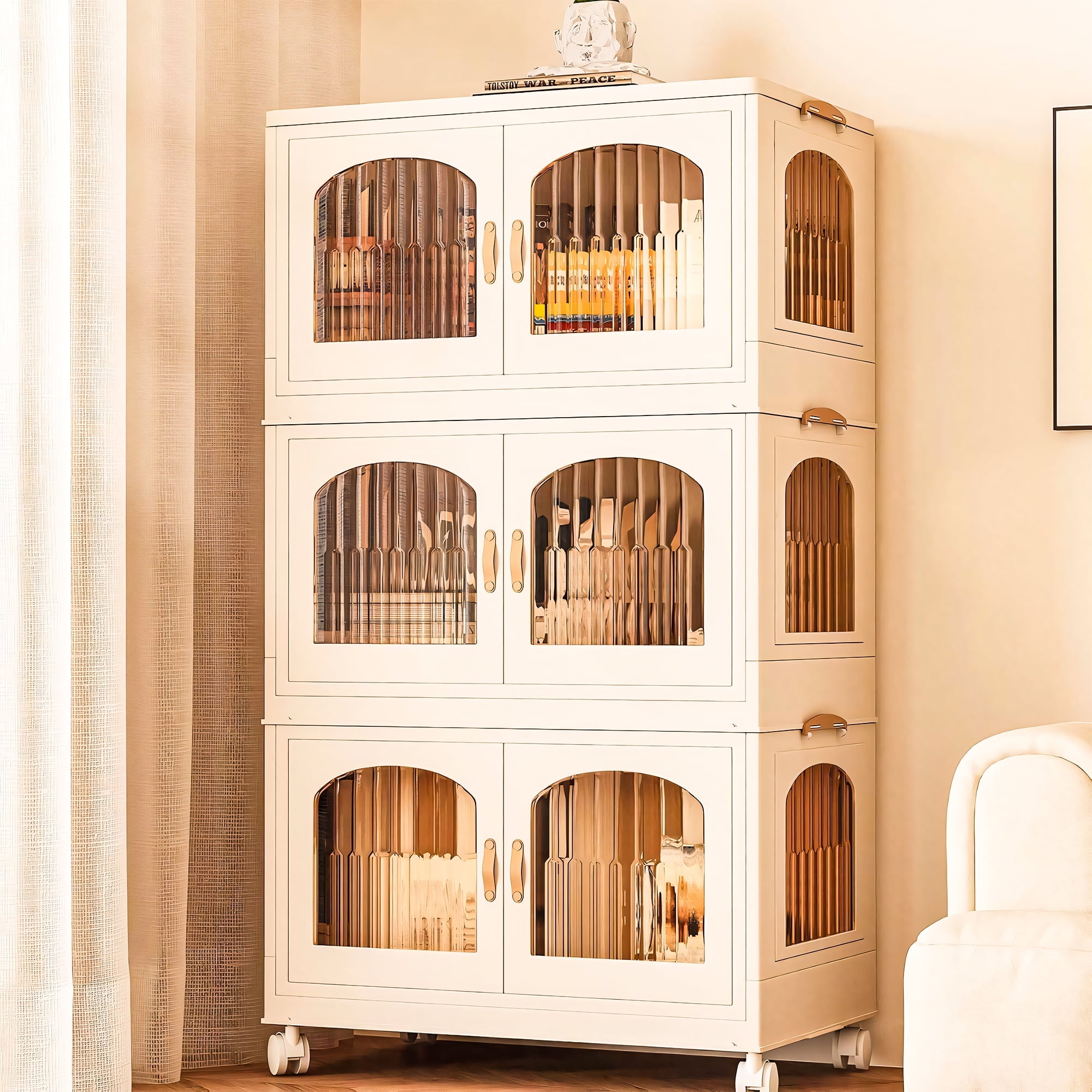 YOUPINS 3 Pack 165QT Plastic Storage Bins with Lids, Closet Organizers and Storage,Collapsible Storage Cubes, stackable storage bins with Doors Wheels