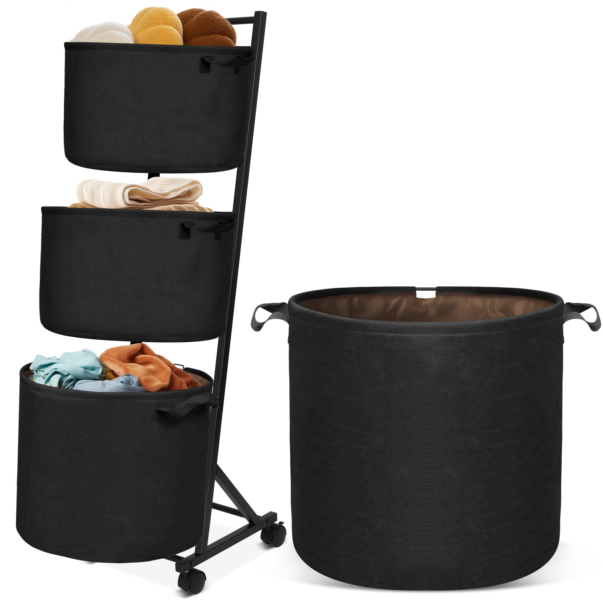 YOUPINS 3-Tier Laundry Hamper Sorter,Laundry Storage Organizer with Wheels Removable Rolling Laundry Baskets for Home,Bathroom,Dorm,Laundry Room,Black