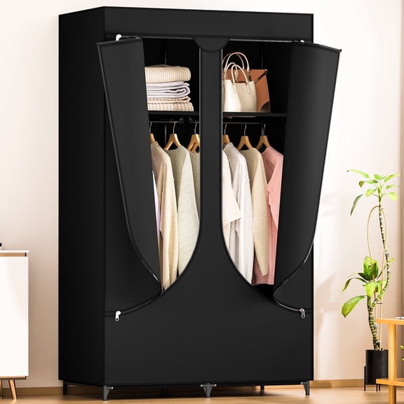 YOUPINS Clothes Organizer with Hanging Rod, Portable Closet with Cover Clothes Rack Sturdy Fabric Wardrobe Organizer,Black