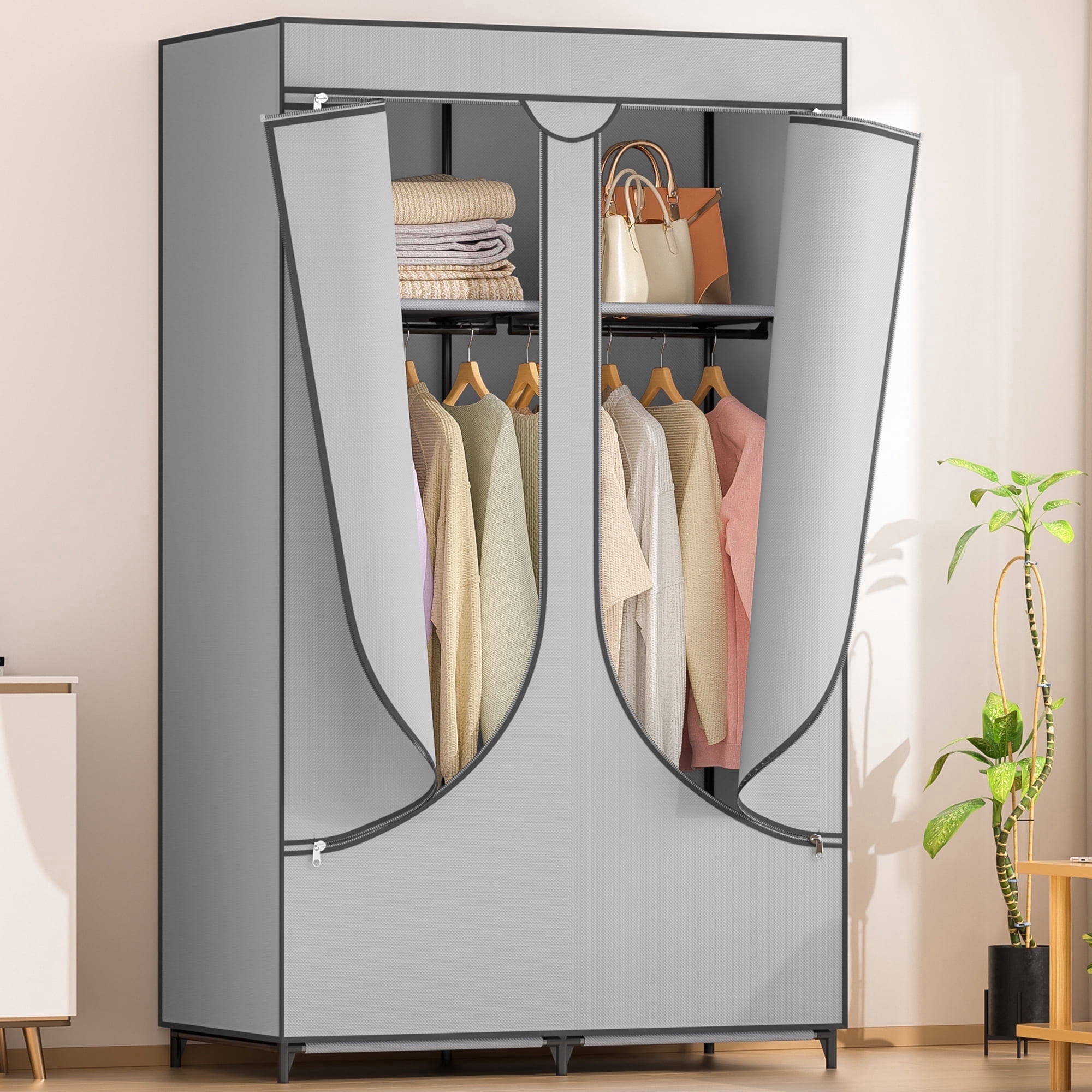 YOUPINS Clothes Organizer with Hanging Rod, Portable Closet with Cover Clothes Rack Sturdy Fabric Wardrobe Organizer,Light Gray