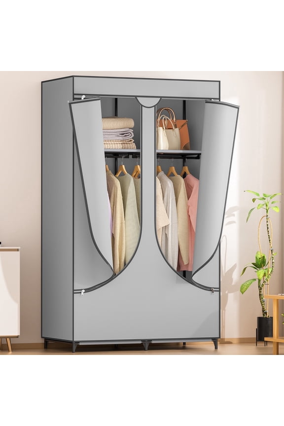 Clothes Organizer with Hanging Rod, Portable Closet with Cover Clothes Rack Sturdy Fabric Wardrobe Organizer,Light Gray
