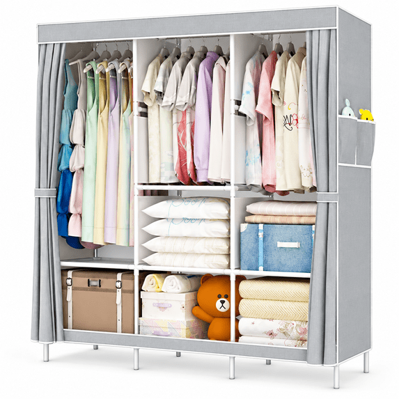 YOUPINS Clothes Closets and Dorm Storage Adult Portable 8-Shelf 2-Pockets Closet Organizer Set with Portable Closet with Cover Clothes Rack, Gray