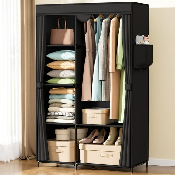 YOUPINS Portable Clothes Organizer with Hanging Rod, Portable Closet Non-Woven Fabric,Black