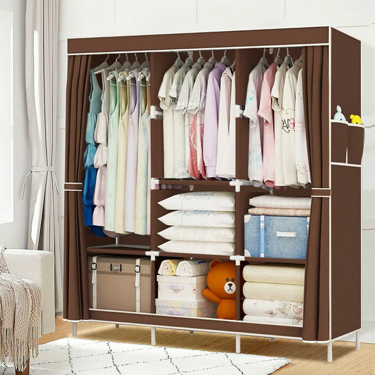 87.2 H Tall Closet System, Walk in Wardrobe Closets with 4 Rattan Drawers  and Shelves Heavy Duty Metal Clothing Storage Organizer Spacious Open