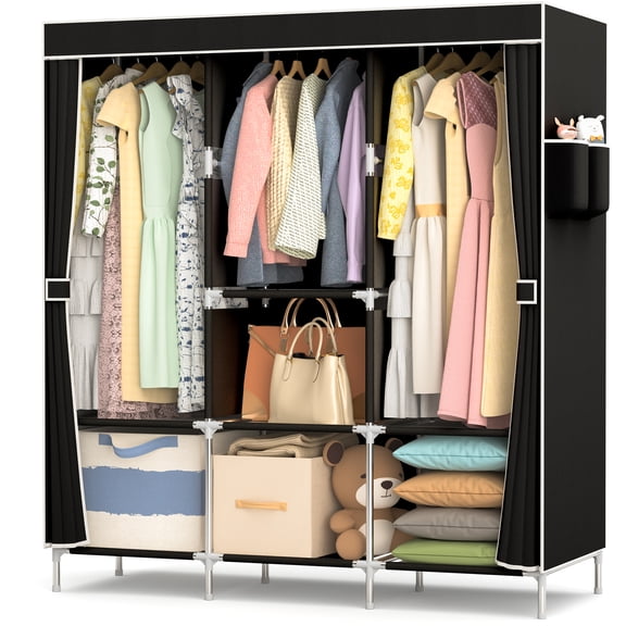 YOUPINS Clothes Organizer 3 Hanging Rod Shelf Portable Closet with Cover Clothes Rack Standing Closet Clothes Storage Wardrobe Garment Cabinet