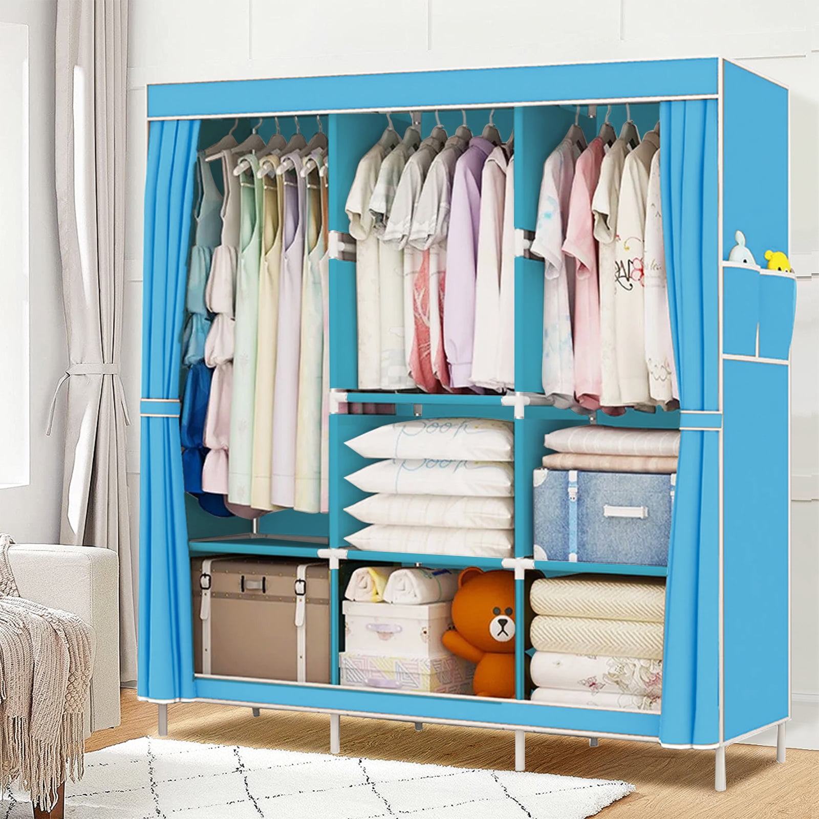 YOUPINS Portable Closet Organizer with 3 Hanging Rods and Cover Durable Metal Frame Clothes Rack Wardrobe Walmart