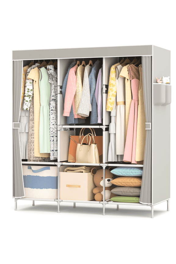 Clothes Closets and Dorm Storage Adult Portable 8-Shelf 2-Pockets Closet Organizer Set with Portable Closet with Cover Clothes Rack, Gray
