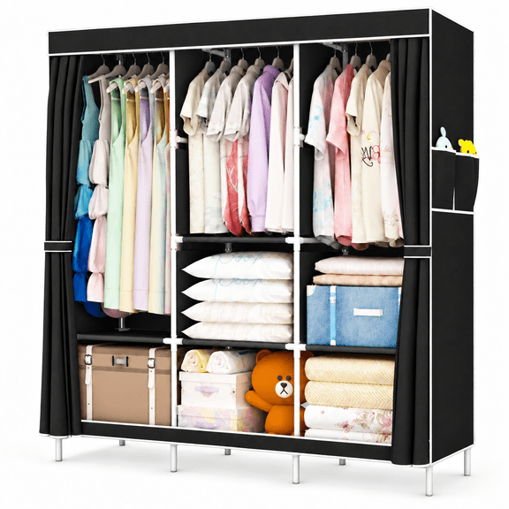 YOUPINS Clothes Organizer 3 Hanging Rod Shelf Portable Closet with Cover Clothes Rack Standing Closet Clothes Storage Wardrobe Garment Cabinet