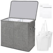 YOUPINS Double Laundry Hamper with Lid and Removable Laundry Bags, Large Collapsible 2 Dividers Dirty Clothes Basket with Handles for Bedroom, Laundry Room, Closet, Bathroom, College, Dark Gray
