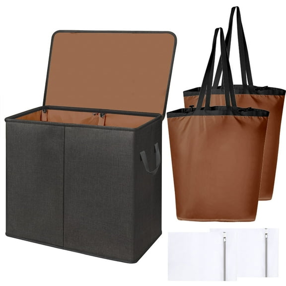 YOUPINS Double Laundry Hamper with Lid and Removable Laundry Bags, Large Collapsible 2 Dividers Dirty Clothes Basket with Handles for Bedroom, Laundry Room, Closet, Bathroom, College, Black