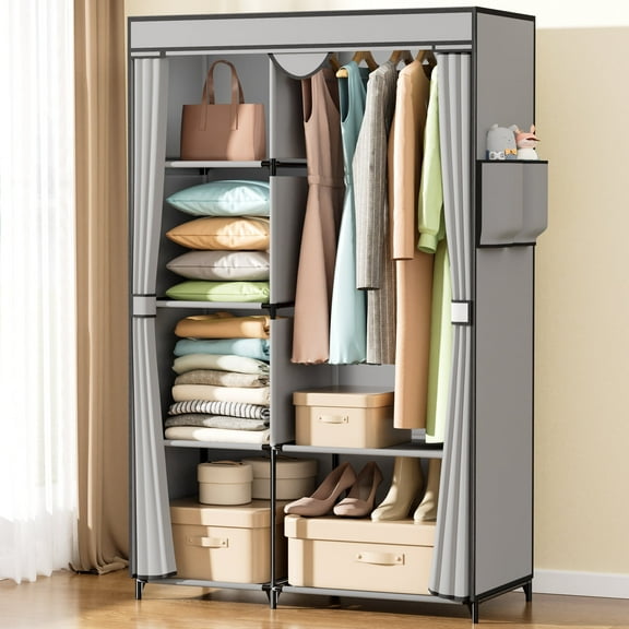 YOUPINS Portable Clothes Organizer with Hanging Rod, Portable Closet Non-Woven Fabric,Light Gray