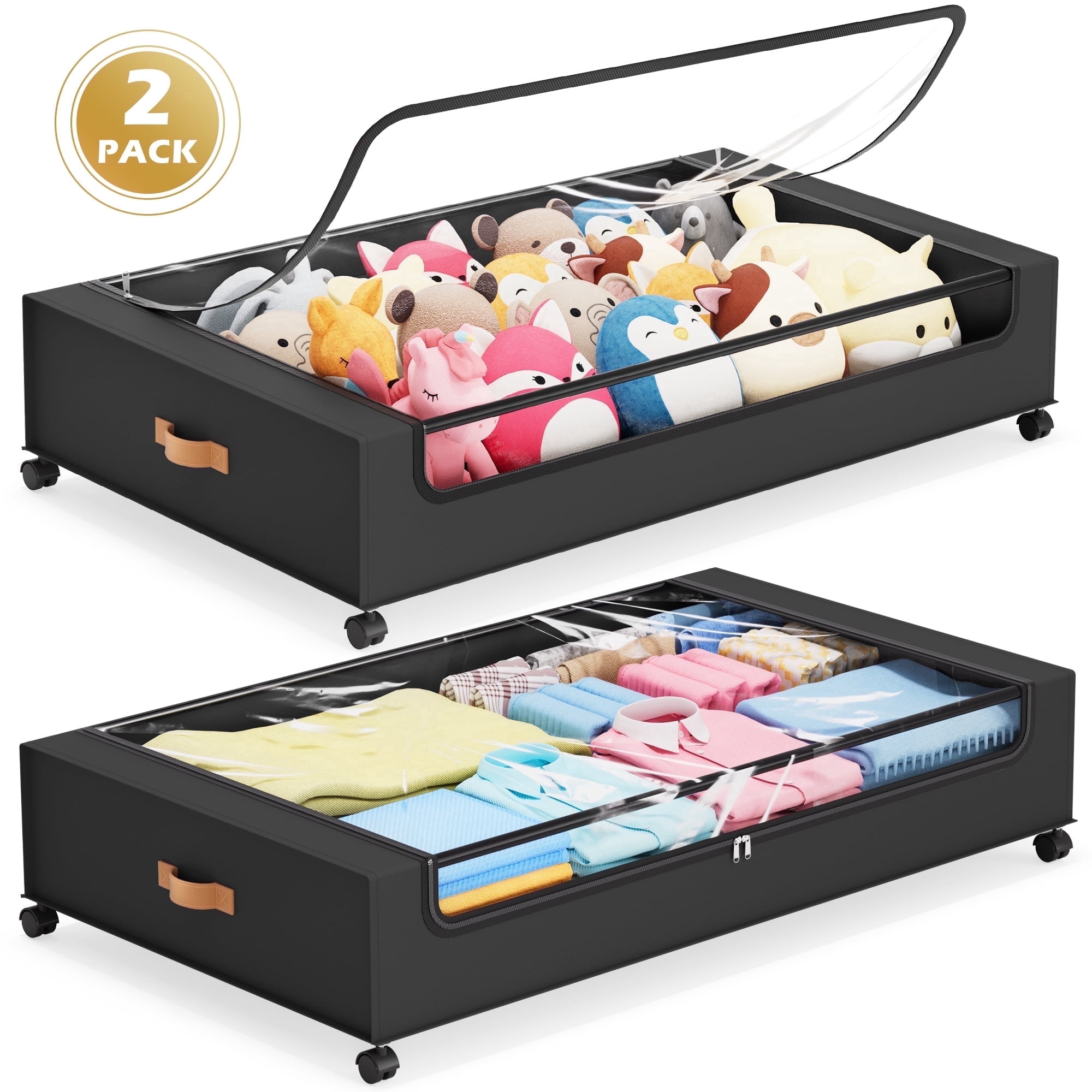 YOUPINS XXL 66L Under Bed Storage Bins with Wheels & Clear Lids – Rolling Containers for Clothes, Shoes, Toys, 2-Pack (Black)