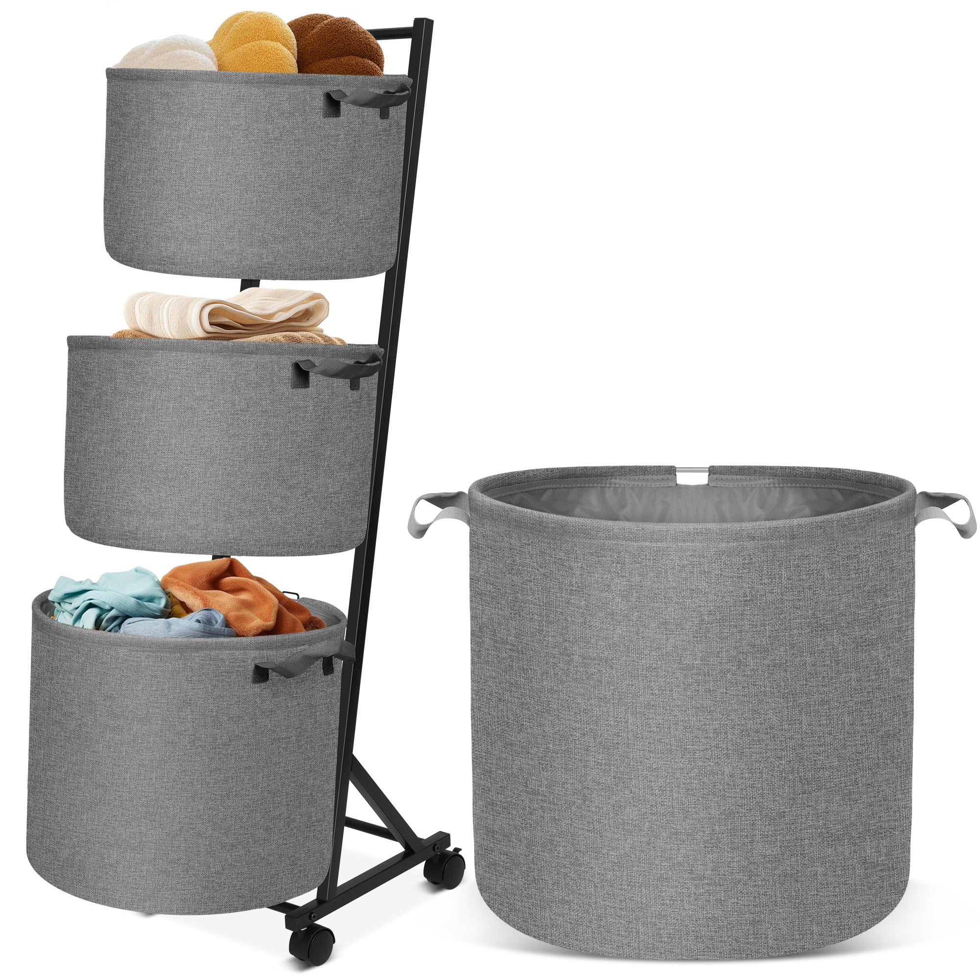YOUPINS 3-Tier Laundry Hamper Sorter,Laundry Storage Organizer with Wheels Removable Rolling Laundry Baskets for Home,Bathroom,Dorm Laundry Room,Gray