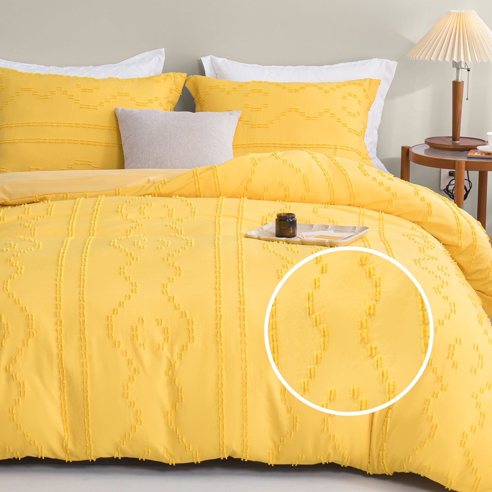 YOUR MOON Boho Tufted Duvet Cover Set Queen Size Yellow, 3 Pieces
