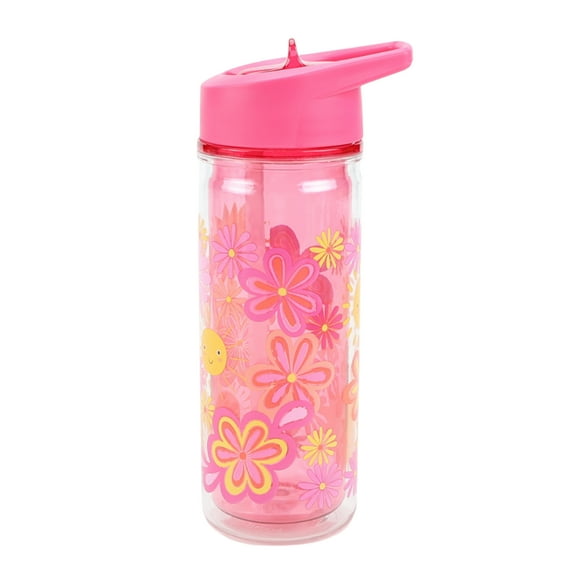 Your Zone 14 oz Flower Double Wall Insulated Plastic Water Bottle with Lid and Straw