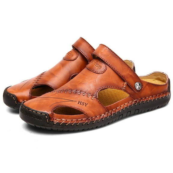 YOURDIARY Men's Casual Leather Sandals Breathable Outdoor Beach Shoes, Slippers Brown