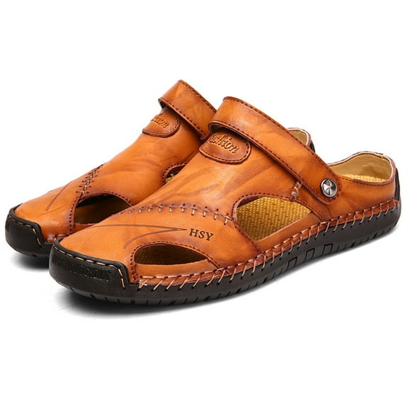YOURDIARY Men's Casual Leather Sandals Breathable Outdoor Beach Shoes, Slippers Brown