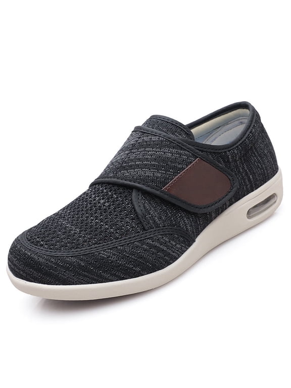 Men's Wide Width Casual Walking Shoes, Adjustable Hook & Loop Lightweight Breathable Mesh Non Slip Air Cushion Sneakers, Black Gray 9