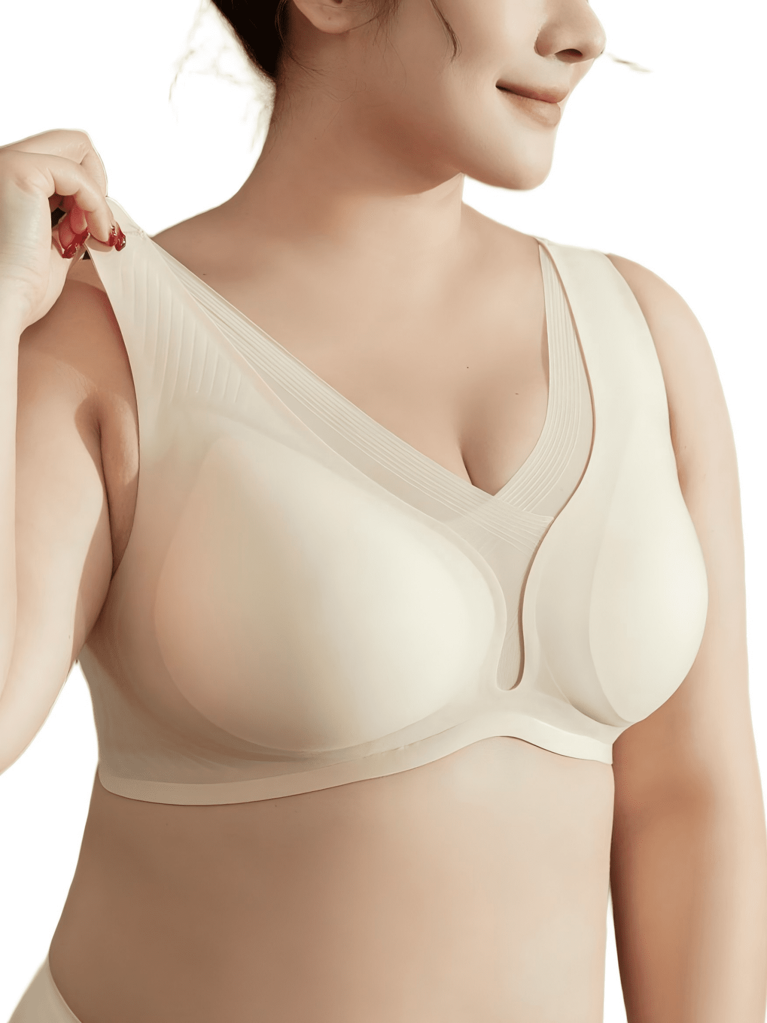YOURISS Plus Size Wireless Seamless Bra, Full Coverage, Breathable 0.2cm Cups, Side Support U-Back, 5-Row 4-Hook T-Shirt Bra, Beige White 2XL
