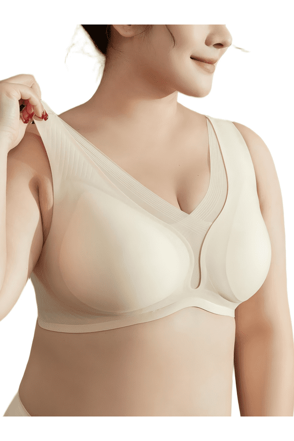 Plus Size Wireless Seamless Bra, Full Coverage, Breathable 0.2cm Cups, Side Support U-Back, 5-Row 4-Hook T-Shirt Bra, Beige White 2XL