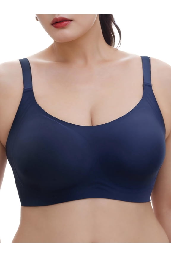 Wireless Plus Size Bra Full Coverage Seamless Support Bra Dark Blue 2XL Everyday Comfort Lounge Sleep Bra U Back with 4 Row Hooks