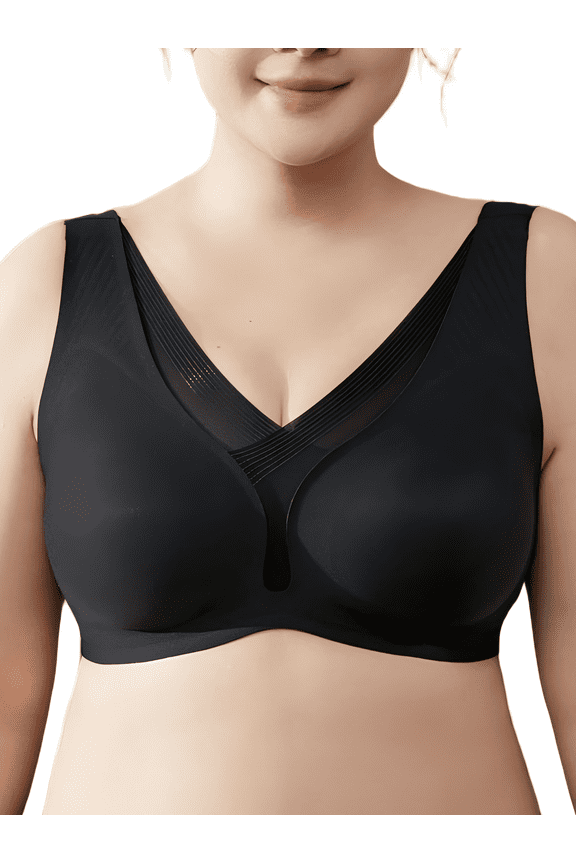 Women’s Plus Size Seamless Comfort Bra – Wireless Full Coverage, Semi-Fixed Pads, High Side Support, Smoothing U-Back, 5×4 Hooks Black 2XL