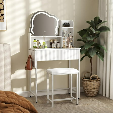 YOURLITE Vanity Desk with Mirror and Lights, Makeup Vanity Set with Chair and Drawers for Small Space, White Dressing Table for Bedroom