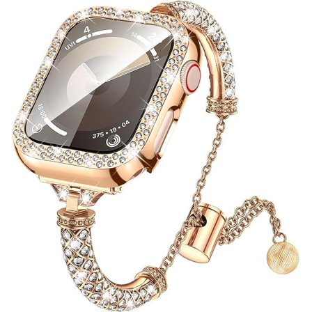 Band & Case Designed for Apple Watch – 40mm 41mm 44mm 45mm Women Metal Fancy Bracelet Strap with Bling Rhinestone Screen Protector Cover for iWatch Series 9 8 7 SE 6 5 4