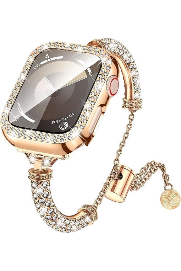 Band & Case Designed for Apple Watch – 40mm 41mm 44mm 45mm Women Metal Fancy Bracelet Strap with Bling Rhinestone Screen Protector Cover for iWatch Series 9 8 7 SE 6 5 4
