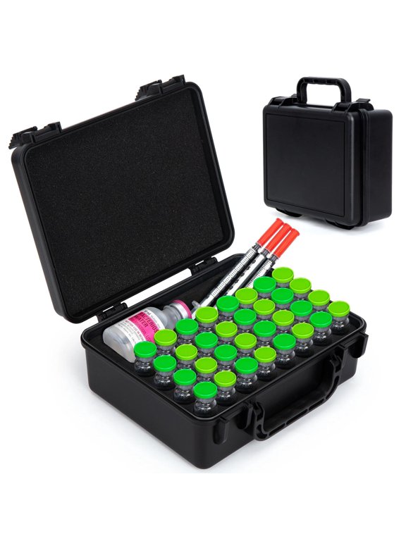 3ml Peptide Case for Fridge 32-Slots, Peptide Storage Case for Bac Water & GLP-1, with Room for Syringes and Skin Prep Wipes, Dual Buckle Clasps and Carry Handle for Travel